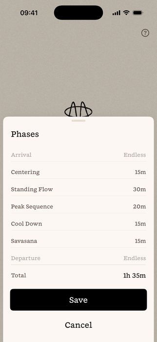 The Motif app listing the phases of a class, from Arrival to Departure, each with its length, and their total