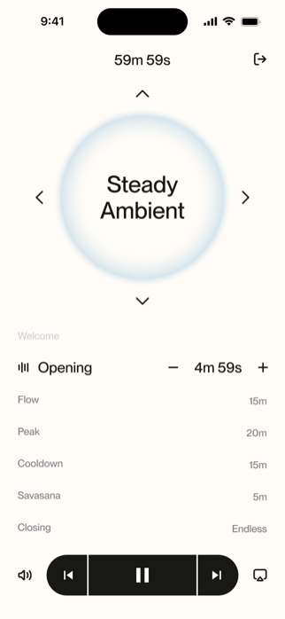 The Motif app showing a class timeline with warm-up, flow, and savasana phases